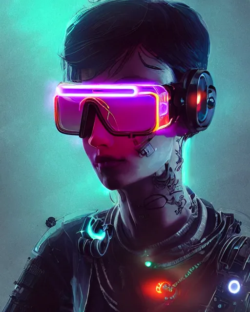 Prompt: android with electro circuit luminescent face tattoos wearing cyberpunk goggles by akihiko yoshida and tim mcburnie and anato finnstark, masterpiece, portrait, vibrant, cybernetics
