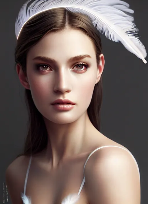 Image similar to a gorgeous female photo, professionally retouched, soft lighting, wearing a feather dress, realistic, smooth face, perfect eyes, wide angle, sharp focus on eyes, 8 k high definition, insanely detailed, intricate, elegant, art by artgerm and greg rutkowski and mark hill