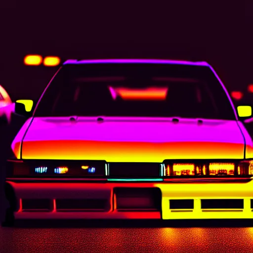 Image similar to a car Toyota Chaser twin-turbo at illegal car meet, Saitama prefecture, city sunset mist neon lights, cinematic color, photorealistic, highly detailed, 200MM