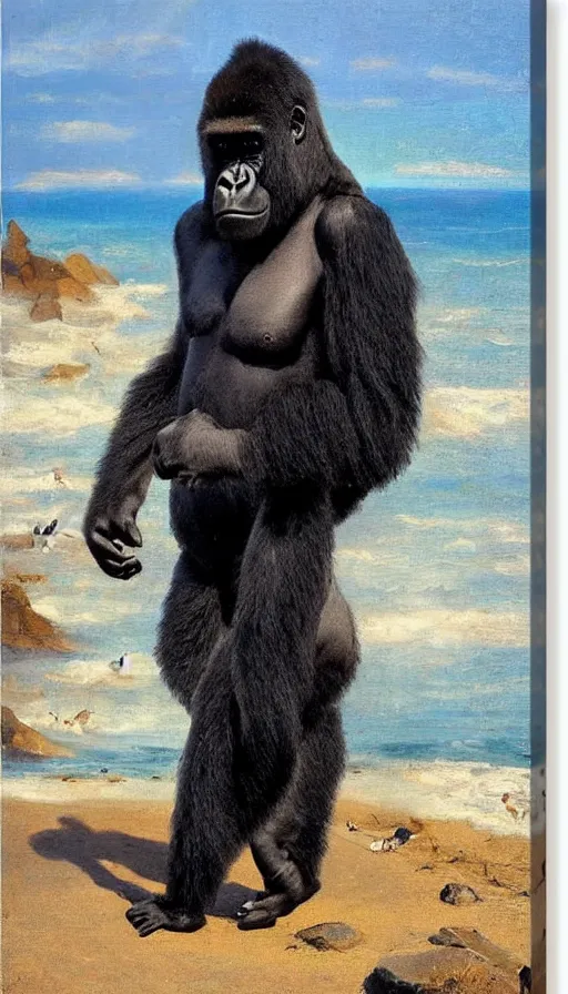 Image similar to Fuzzy gorilla on the beach, by Peder Krøyer, golden hour, dramatic lighting, volumetric lighting, intricately detailed, canvas print