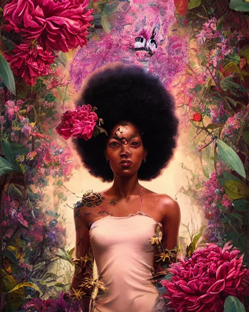 Prompt: portrait of the afro - american queen of the underworld, surrounded by flowers by karol bak, james jean, tom bagshaw, rococo, sharp focus, trending on artstation, cinematic lighting, hyper realism, octane render, 8 k, hyper detailed.