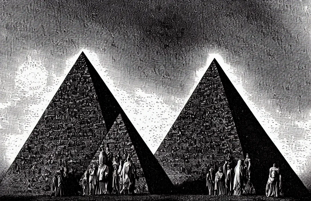 Image similar to the pyramid of figures is drawn together intact flawless ambrotype from 4 k criterion collection remastered cinematography gory horror film, ominous lighting, evil theme wow photo realistic postprocessing gustave dore hd illustration work of art directed by kurosawa by ghibli jan van der heyden