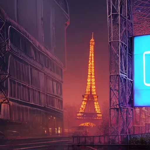 Image similar to A beautiful intricate 8K award-winning ground-level cinematic movie photograph of the future fallen and decaying Eiffel Tower, surrounded by neon and collapsing corporate video billboard displays. in the year 2050, by Bruno Delbonnel and greg rutkowski. octane render, Arri Alexa 65. Cinematic lighting