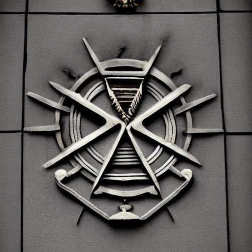 Image similar to a set of strange esotheric symbols on the outside wall at the entrance of a freemason temple