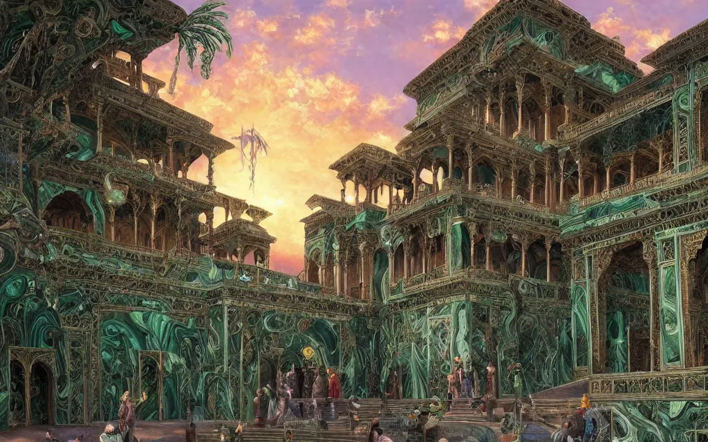 Prompt: a detailed oil painting of an intricate, ornate arabian nights palace made of green, polished semiprecious malachite marble and jade, hyper detailed, hd, artstation, beautiful sunrise lighting, by john williams waterhouse, thomas kincade, michael whelan and donato giancola