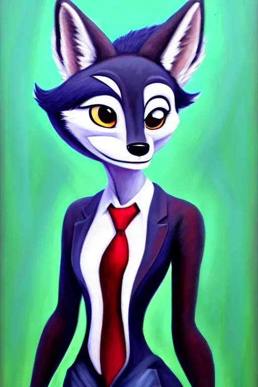 Image similar to oil painting of anthromorphic female wolf, in style of zootopia, female fursona, furry, furaffinity, 4 k, deviantart, furry art, fursona art, wearing black business suit, business suit, wolf fursona, female, smug expression,