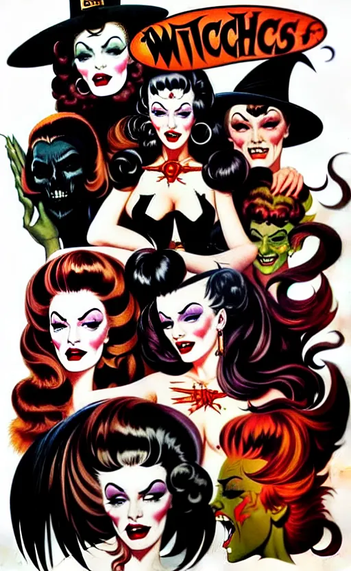 Image similar to witches, detailed faces, psychobilly, rockabilly, punk, full body, white background, vector art, illustration by frank frazetta