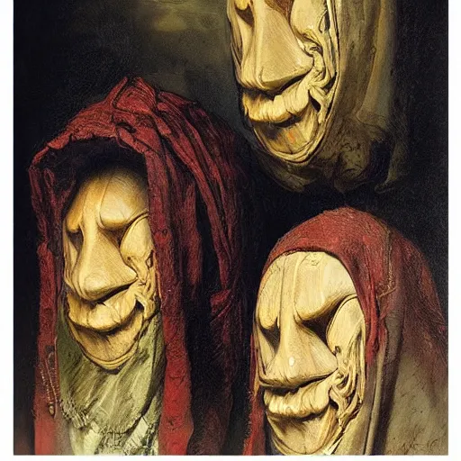 Prompt: hooded cultists wearing beautiful intricate wooden masks, by rembrandt, peter mohrbacher