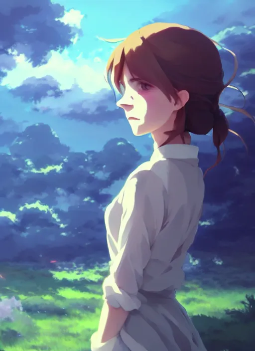 Image similar to portrait of a emma watson, cloudy sky background lush landscape illustration concept art anime key visual trending pixiv fanbox by wlop and greg rutkowski and makoto shinkai and studio ghibli