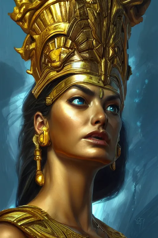 Image similar to The angry Godess Hera, portrait, highly detailed, digital painting, artstation, concept art, smooth, detailed rusty armor, sharp focus, beautiful face, symmetric face, dystopian, cinematic, videogame cover art, illustration, fantasy, blue and yellow color theme, art by Artgerm and Greg Rutkowski and Alphonse Mucha