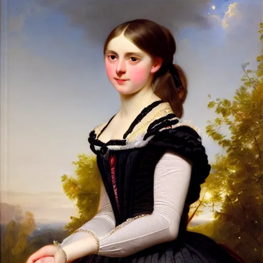 Image similar to portrait of a german teenage princess, circa 1 8 5 0 by franz xaver winterhalter, highly detailed, beautiful, oil on canvas, 1 8 5 0 s, romanticism