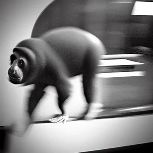 Image similar to “Horrific scrawny cryptid mutant reptilian hairless sun bear escaping from a lab, leaked cctv footage, black and white, night.”