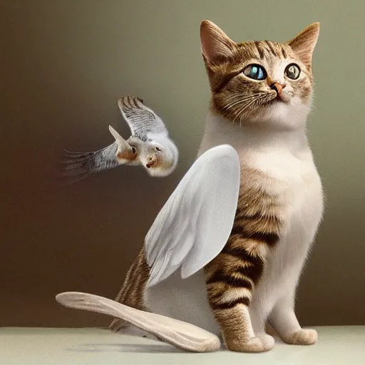 Image similar to cat playing with the dove of peace, photorealistic, detailed