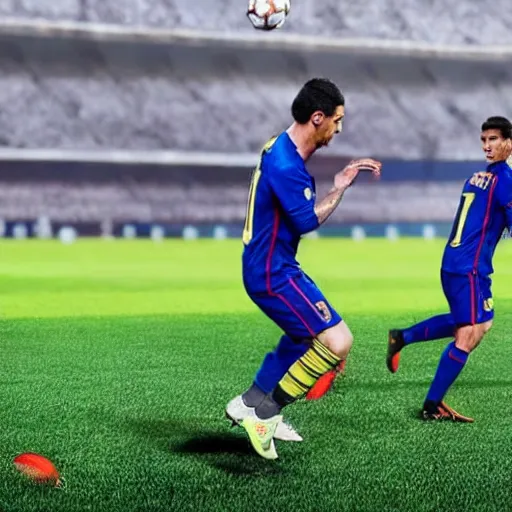 Image similar to messi and cristiano ronaldo playing football together, 8 k, 4 k uhd, realistic, hyper realistic, super detailed, very detailed, detailed