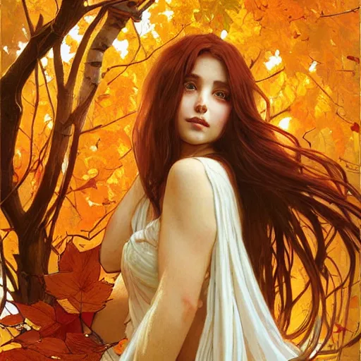 Prompt: girl with super long hair, hair becoming autumn red leaves, art by artgerm and greg rutkowski and alphonse mucha