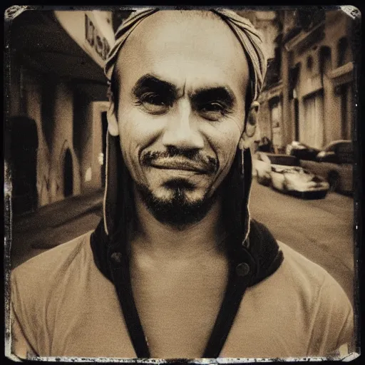 Prompt: polaroid picture, sepia, homeless manu chao in the streets of bogota, perfect face, symmetrical face, fine details, day setting, ethereal, trending on artstation