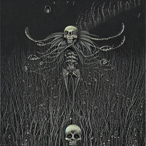 Image similar to skull valley, junji ito, zdzisław beksinski, hr giger, creepy, magic fireflies, mystical creepy