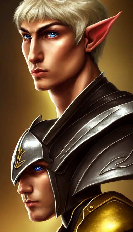 Image similar to A medium shot portrait of a male elf, he is about 20 years old, attractive, lean but muscular, serious composure, short silver hair, prideful look, he is wearing black heavy armor with gold plating and a red cape, highly detailed portrait, digital painting, ArtStation, concept art, smooth, sharp focus illustration