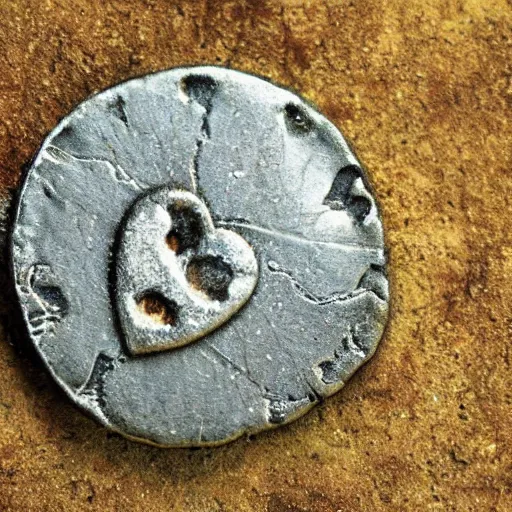 Prompt: ancient coin texture with heart and ladybug