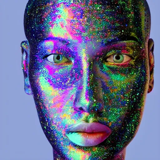 Prompt: a █holographic█ human robotic head made of ███glossy███ ███iridescent███, Face, Palette Knife Painting, Acrylic Paint, Dried Acrylic Paint, ████████Dynamic Palette Knife Oil Paintings████████, Vibrant Palette Knife Portraits Radiate Raw Emotions, ██Full Of Expressions██, Palette Knife Paintings by Francoise Nielly, Beautiful, ███Beautiful Face███, surrealistic 3d illustration of a human face non-binary, non binary model, 3d model human, cryengine, made of ███████holographic███████ texture, ████████holographic material████████, holographic rainbow, concept of cyborg and ███artificial intelligence███