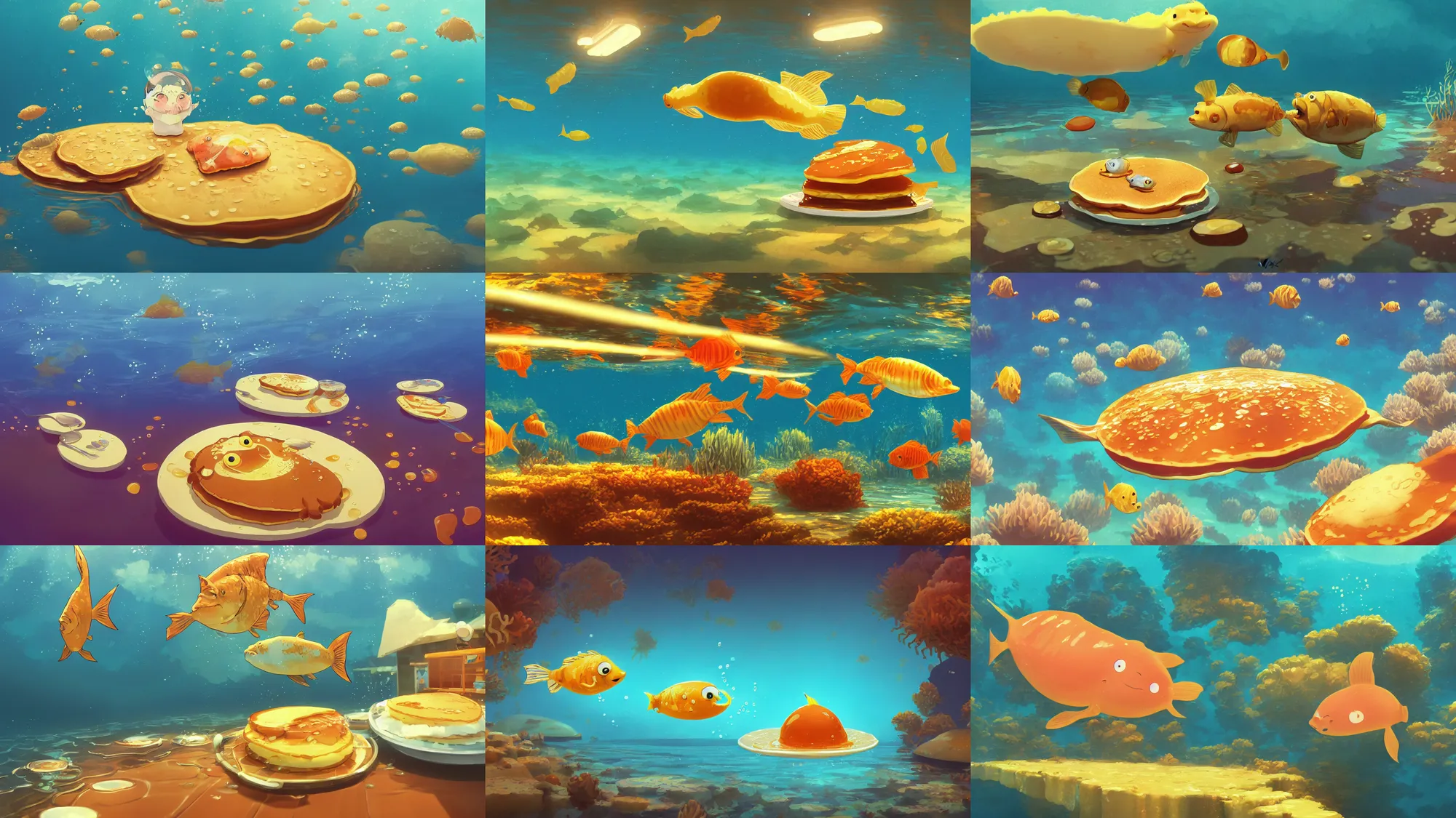 Prompt: digital underwater art of a happy flat pancake fish swimming in syrup, cute, 4 k, fish made of pancake, fantasy food world, living food adorable pancake, brown atmospheric lighting, by makoto shinkai, studio ghibli, chris moore