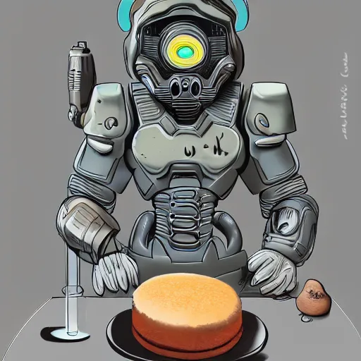 Prompt: doom guy baking a cake, wholesome, detailed, artstation