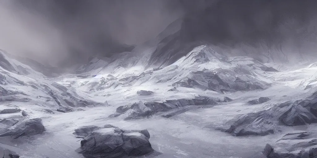 Image similar to a dark sandstorm in snowy glaciers, digital art painting, trending on artstation