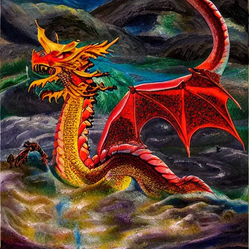 Prompt: highly detailed oil painting of a colorful hotspring within dark cavern, dragon sitting in the middle