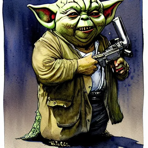 Image similar to a realistic and atmospheric watercolour fantasy character concept art portrait of a fat sleazy homeless chibi yoda wearing a wife beater and holding a handgun, by rebecca guay, michael kaluta, charles vess and jean moebius giraud