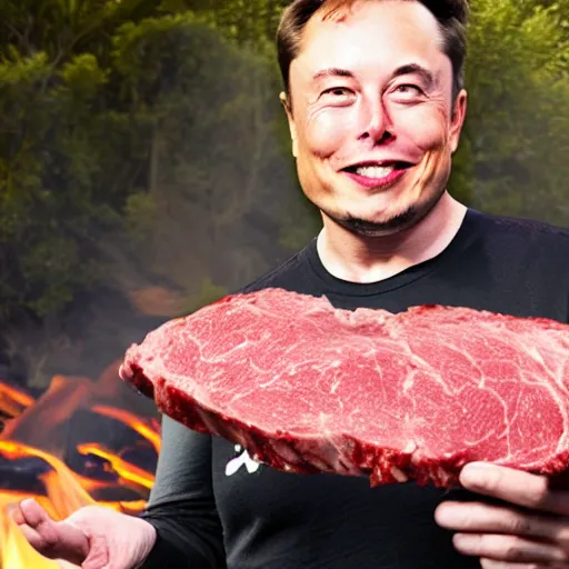Image similar to elon musk holding a piece of meat over a fire