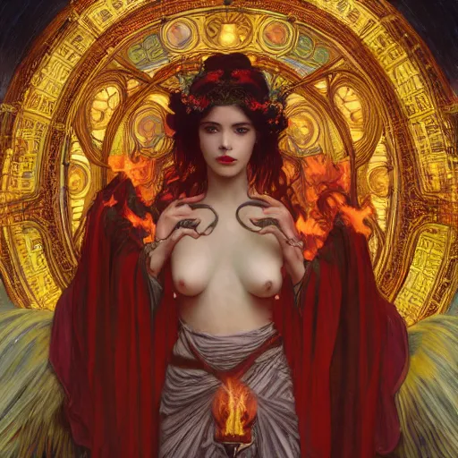 Image similar to an portrait of a beautiful alluring female demon goddess with fire in her glowing eyes, detailed, centered, digital painting, artstation, concept art, donato giancola, Dante Gabriel Rossetti, alphonse mucha, Joseph Christian Leyendecker, WLOP, Boris Vallejo, Breathtaking, 8k resolution, extremely detailed, beautiful, establishing shot, artistic, hyperrealistic, beautiful face, octane render