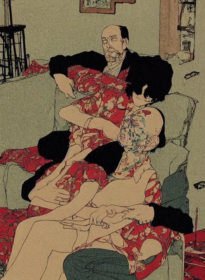 Prompt: early color photo of an old dead couple sitting on a couch in an old soviet apartment, art by Takato Yamamoto. highly detailed high resolution