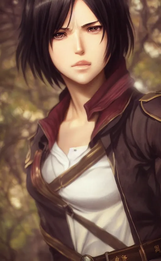 Image similar to mikasa ackerman, hero pose, medium shot, bokeh, beautiful face!!!!, 2 7 years old, cg animation, lifelike, animated, realistic, character select portrait, by artgerm, greg rutkowski, alphonse mucha, 3 d