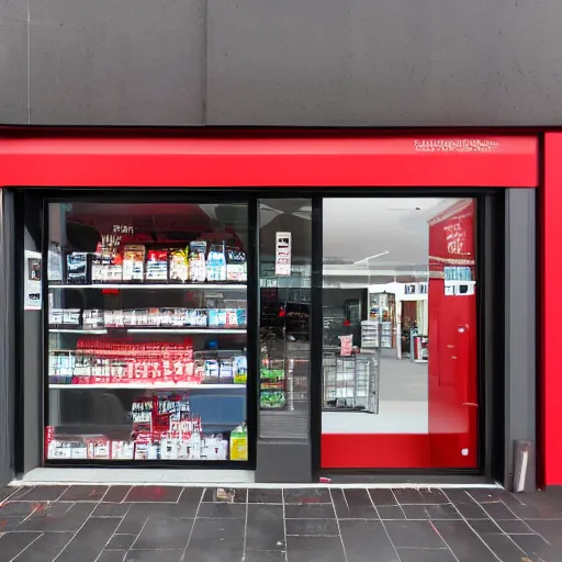 Prompt: Award winning shopfront design, convenience store, anthracite with red accents, metal, paint, textures, highly detailed, bright signage