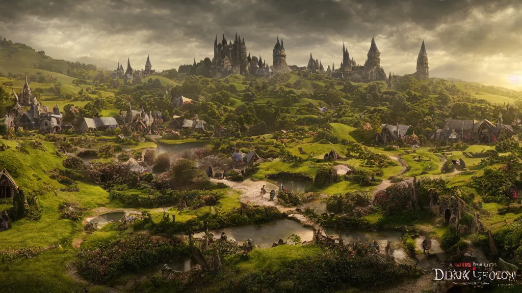 Image similar to a beautiful wide shot of hobbiton, middle earth, alan lee, fromsoftware, elden ring, dark souls, bloodborne, dark fantasy, realistic, highly detailed, 8 k, volumetric lighting, sinister lighting, detailed terrain, concept art, matte painting