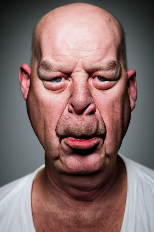 Image similar to studio portrait of man that looks excactly like homer simpson, lookalike, as if homer simpson came to life, soft light, black background, fine details, close - up, award winning photo by jimmy nelson