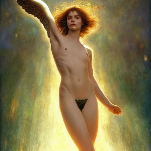 Image similar to epic masterpiece full body portrait a beautiful female angel, flawless skin, perfect body, perfectly formed translucent wings, golden light rays, by Edgar Maxence and Ross Tran and Michael Whelan