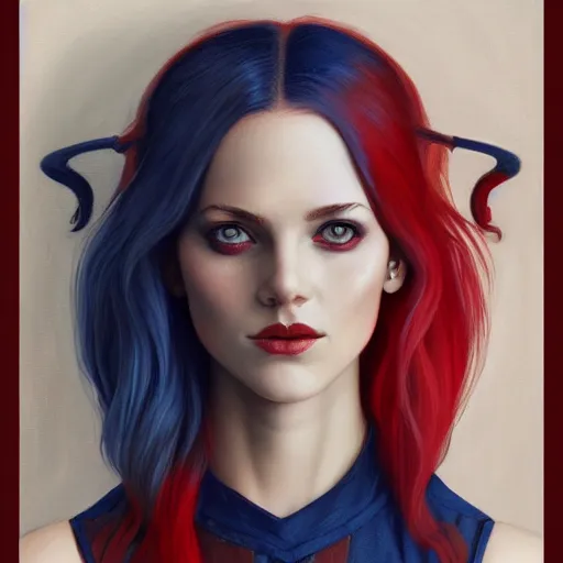 Image similar to A detailed matte oil on canvas head on symmetrical portrait of a distinguished elven woman with red and blue hair on an empty background, by Charlie bowater, Wlop, trending on artstationhd, dungeons and dragons art, parted hair , half blue, half red , split dye, critical role