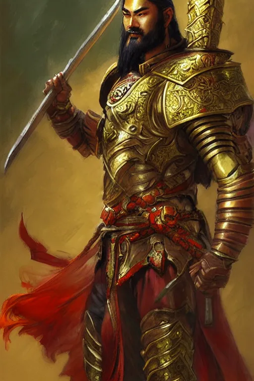 Image similar to attractive male with armor and clothes, guan yu, character design, colorful paint, sweat, painting by gaston bussiere, craig mullins, j. c. leyendecker