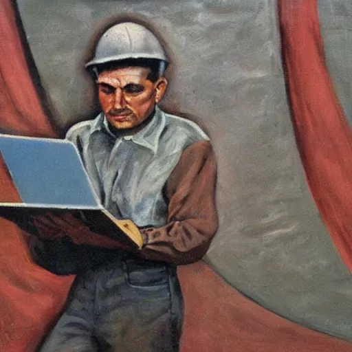 Image similar to 1 9 6 0's detailed intricate social realism painting of worker with laptop, heroic