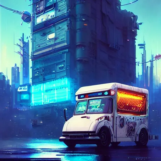 Image similar to a cyberpunk ice cream truck, highly detailed epic, CG render digital painting artwork by Greg Rutkowski, John Berkey, Alexander Jansson, Kuvshinov, WLOP, Artgerm, trending on ArtStation, intricate artwork by Tooth Wu, Beeple. octane render, trending on artstation, greg rutkowski very coherent symmetrical artwork, bokeh, cinematic, hyper realism, high detail, octane render, vervia, 8k