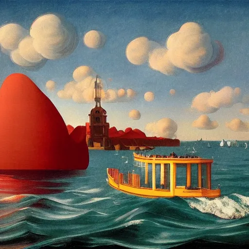 Image similar to a fantastic voyage on a beautiful ship by Raphael, Hopper, and Rene Magritte. detailed, romantic, enchanting, trending on artstation.