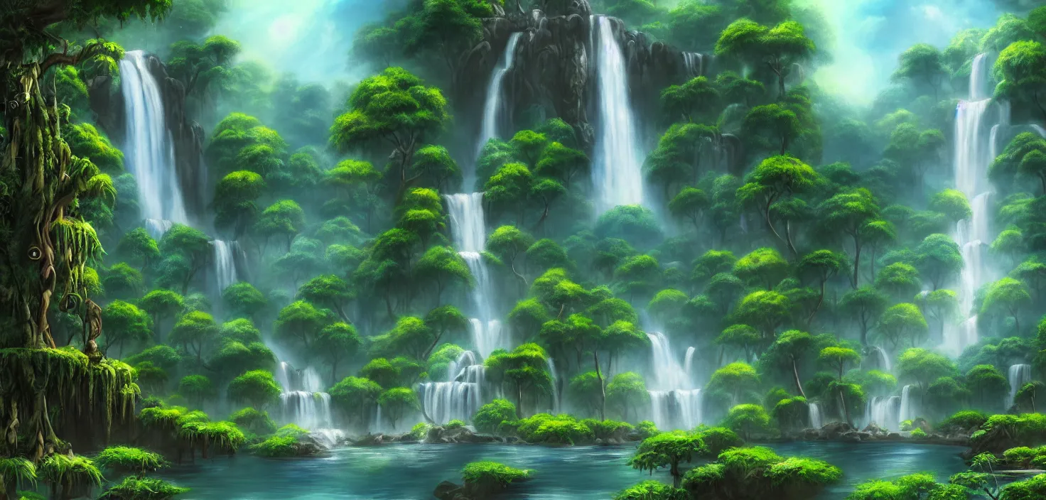 Prompt: waterfall in the jungle, a detailed matte painting by bob ross, deviantart, fantasy art, matte painting, detailed painting, 2 d game art