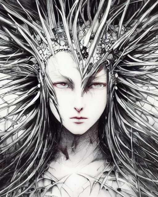 Prompt: Yoshitaka Amano realistic illustration of an anime girl with wavy white hair and cracks on her face wearing spiky crown and Elden ring armor with the cape fluttering in the wind, abstract black and white patterns on the background, noisy film grain effect, highly detailed, Renaissance oil painting, weird portrait angle