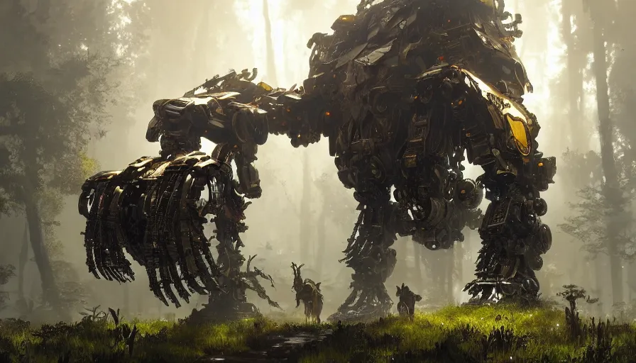 Image similar to large walking mech covered in gold and silver armor, horizon zero dawn aesthetic, covered in moss and birds, glowing lights, beautiful forests and trees, intricate detail, epic wallpaper, art by darek zabrocki and John Park and Feng Zhu and Jason Chan, trending on artstation, masterpiece.