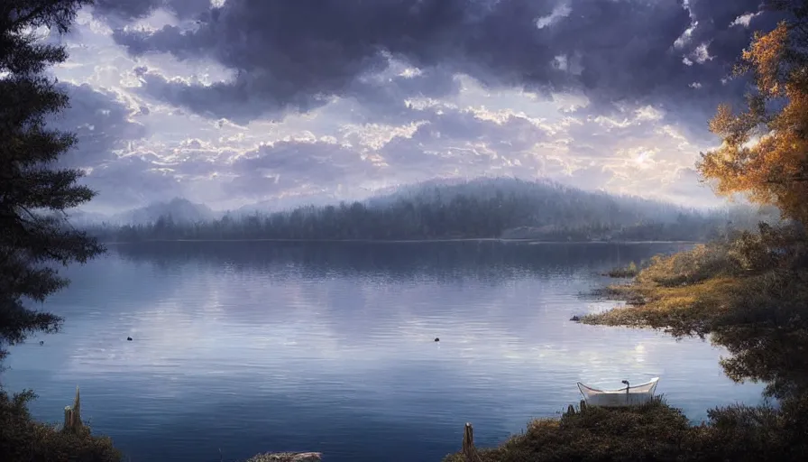 Image similar to portrait of a large lake with a boat near a pine forest, highly detailed, sunny, blue sky, cinematic lighting, highly angle, godrays, volumetric, photorealistic, digital art painting by greg rutkowski