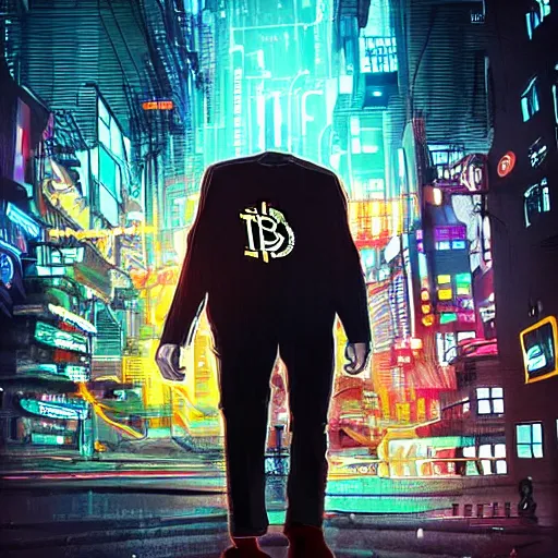 Prompt: giant with bitcoin head chasing people scared in cyberpunk city, cinematic composition, art by cointelegraph, hyper - detailed