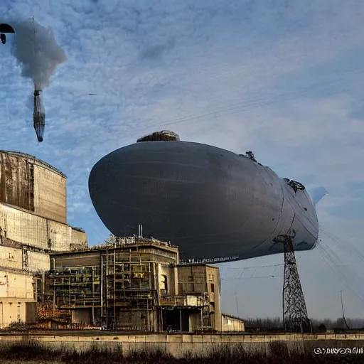 Prompt: Diesel punk Chernobyl nuclear power plant with zeppelin in the sky