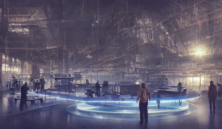 Prompt: sparse group people in simple warehouse, looking at hologram of futuristic city on a table, cinematic concept art, godrays, golden hour, natural sunlight, 4 k, clear details, tabletop model buildings, center model buildings, hologram center, crane shot, crane shot, crane shot