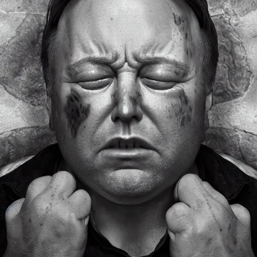 Image similar to hyperrealistic mixed media image of info wars alex jones crying on the toilet, stunning 3 d render inspired art by xiang duan and thomas eakes and greg rutkowski, perfect facial symmetry, hyper realistic texture, realistic, highly detailed attributes and atmosphere, dim volumetric cinematic lighting, 8 k octane detailed render, post - processing, masterpiece,